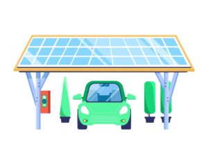 Solar Carport, geschützter Platz mit integrierter Ladestation für Elektrofahrzeuge, Vektorillustration.