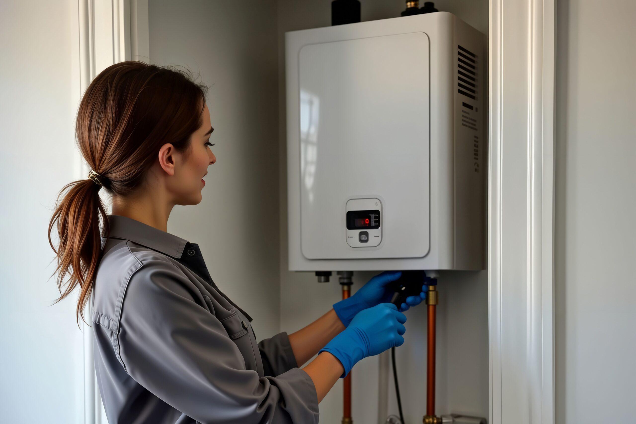 Technikerin überprüft moderne Warmwasseranlage mit Kupferleitungen