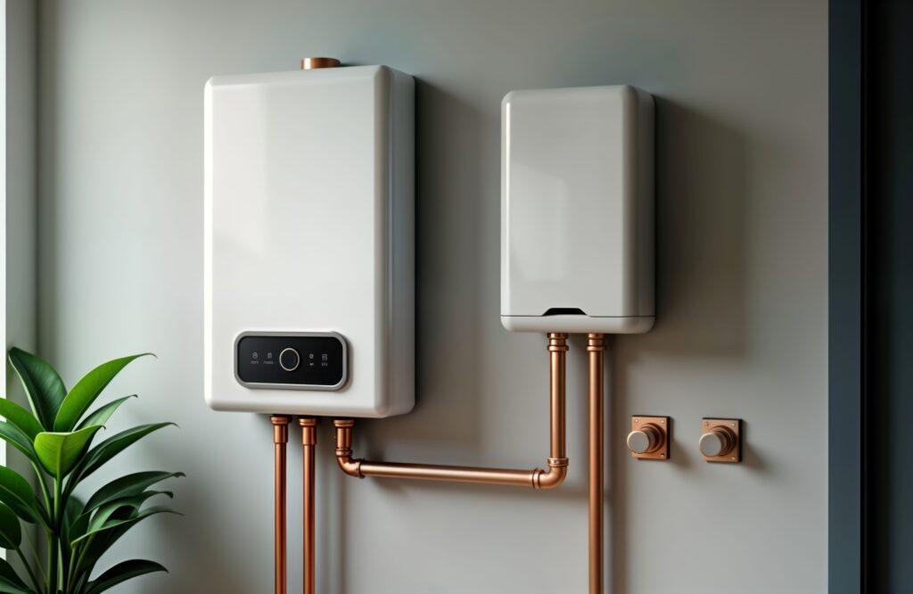 Moderne Warmwassertechnik mit Kupferleitungen – anfällig für Kalkablagerungen ohne Wasserenthärtungsanlage