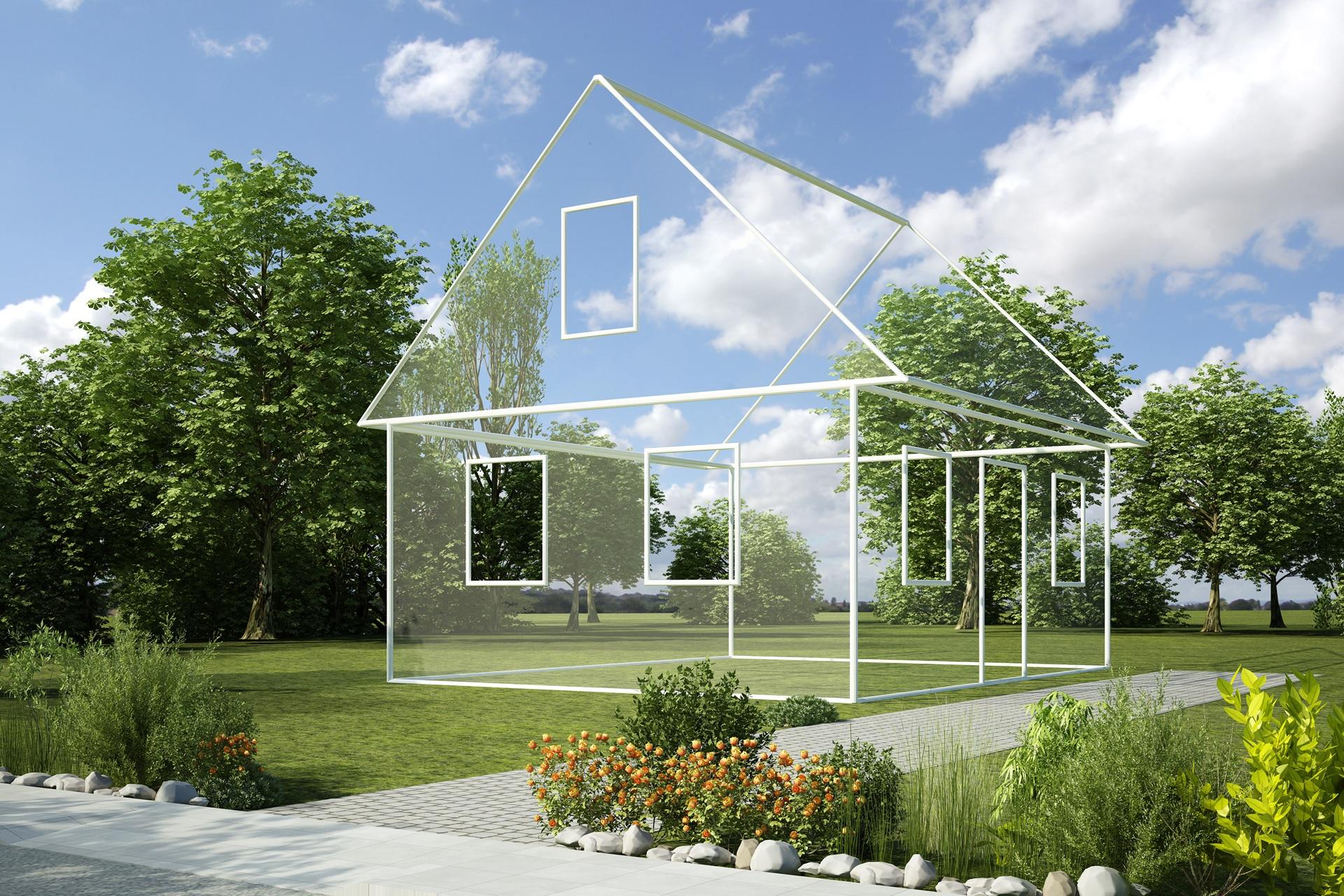 Virtuelles Hausmodell in gruener Landschaft | Konstruktionssoftware kostenlos